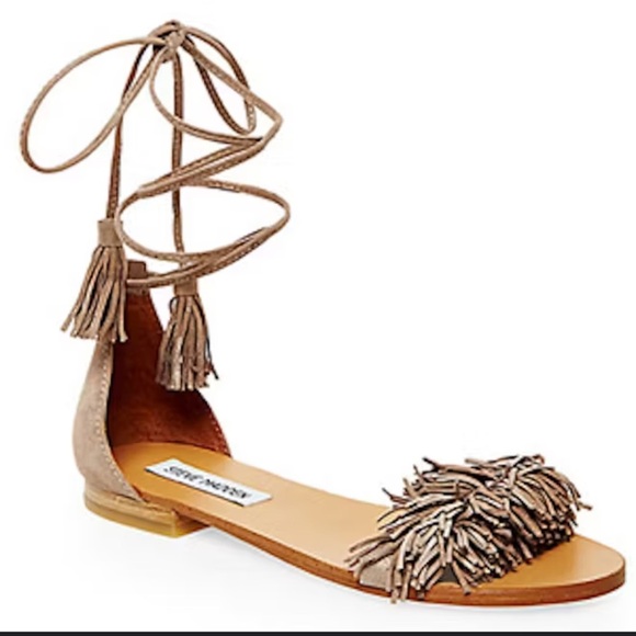 Steve Madden Sweety Fringe Ankle Tie Sandals Size 8.5 Taupe - Picture 1 of 6